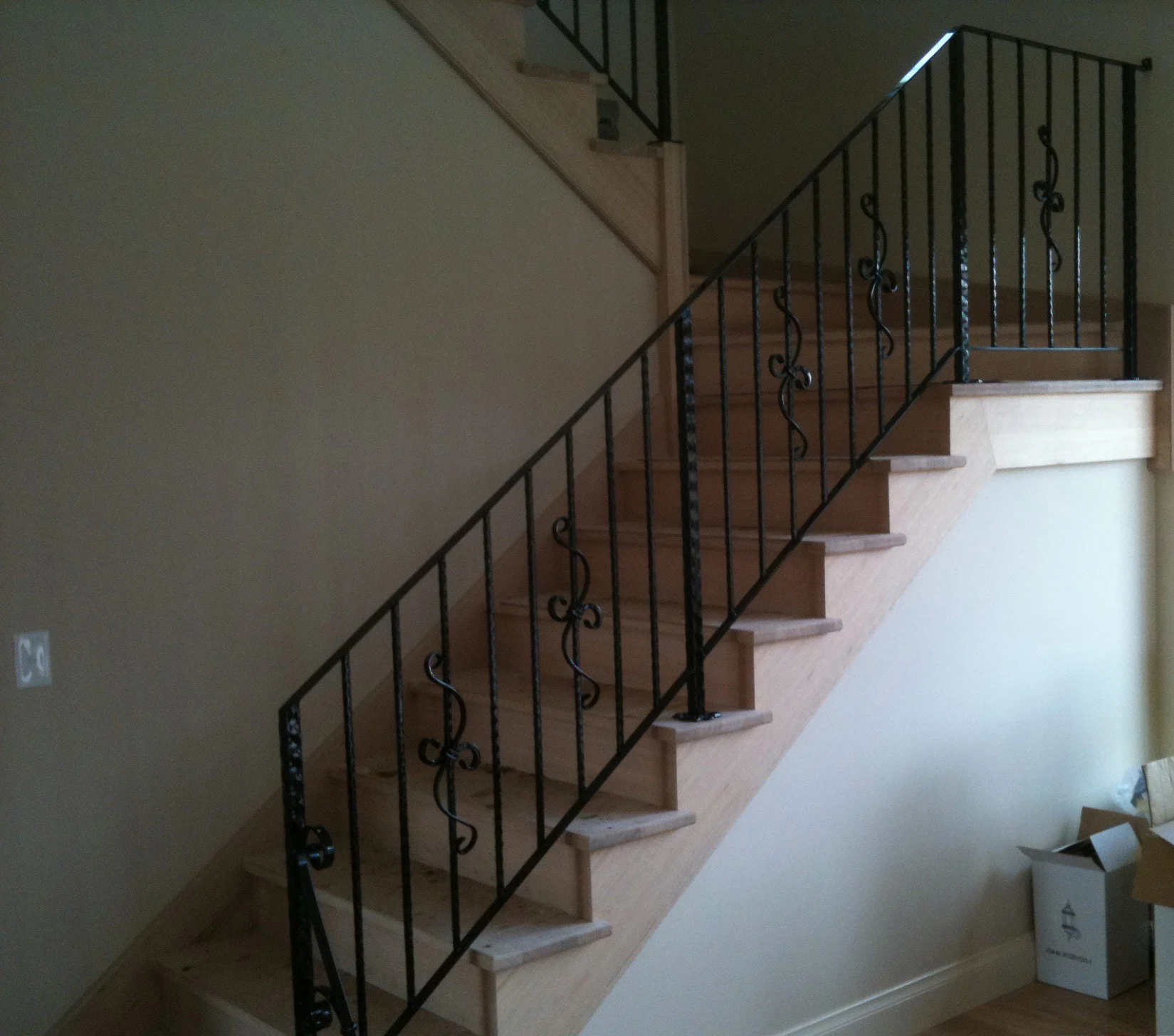 Full-length wrought iron railing beside timber stairs